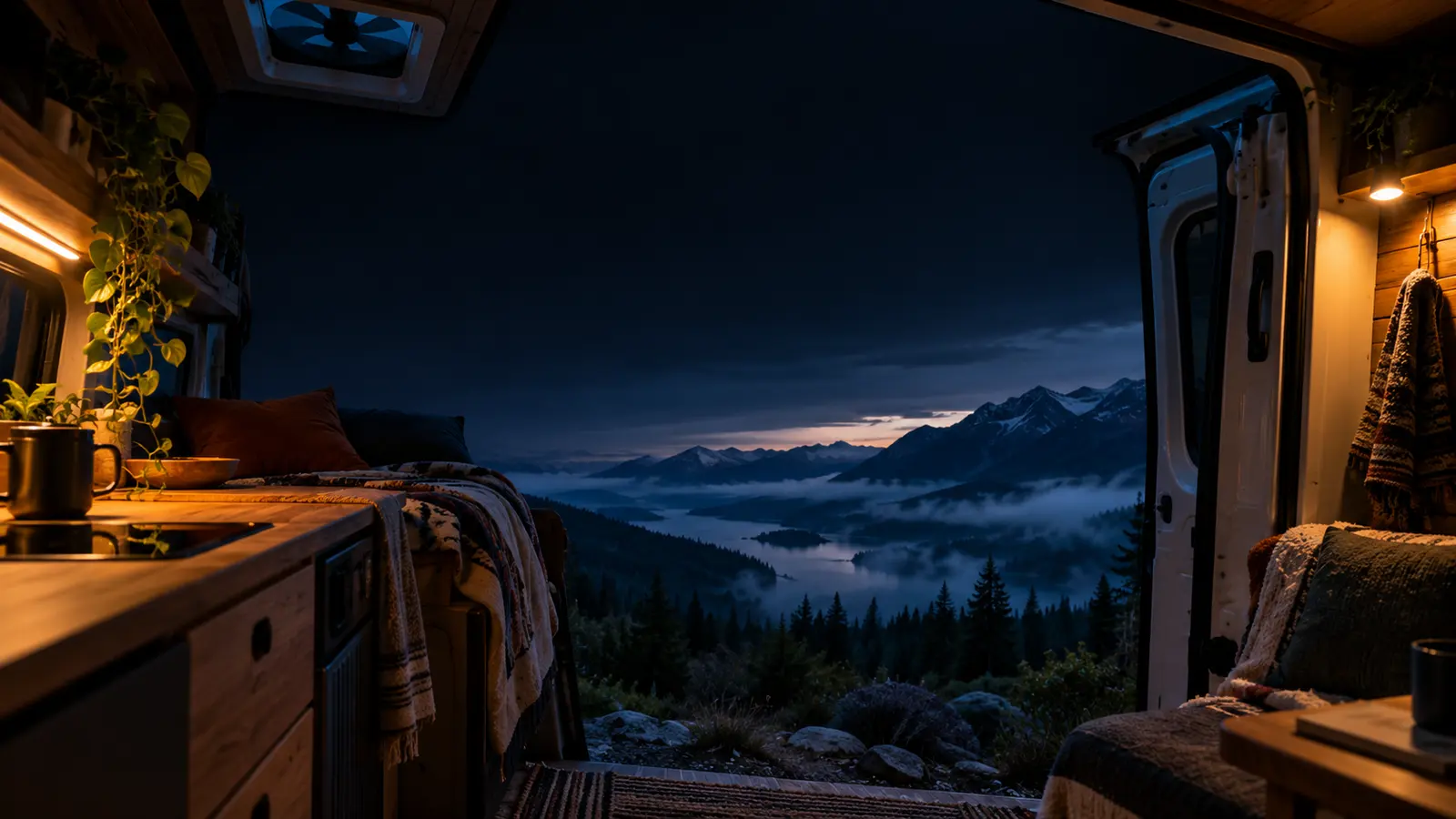 Camper van interior at dusk with mountains outside.